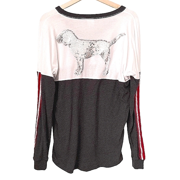 PINK VICTORIA'S SECRET LONG SLEEVE BLING DOG RHINESTONE SLEEVES CAMPUS TEE - Picture 4 of 7